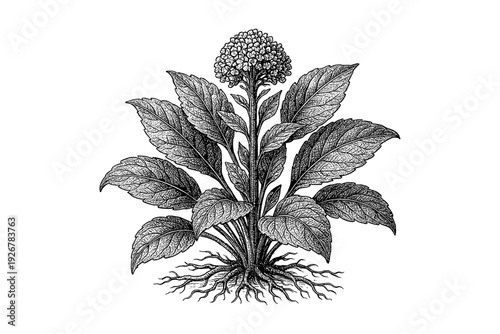 Intricate botanical artwork of flowering plant with detailed leaves and roots