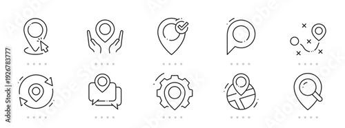 Location line icons featuring map pins, markers, navigation, GPS tracking, routes, destinations, globe, smartphone app elements; clean outline, editable stroke