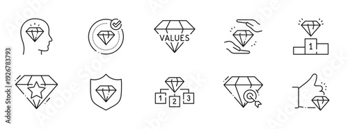Clean outline icon set illustrating values, ethics, integrity, trust, quality, excellence, leadership, teamwork, recognition, reward, achievement, success, performance, culture, innovation