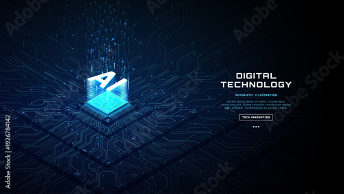 Artificial intelligence chip hologram on motherboard. Isometric 3D CPU with luminous data lines, high tech semiconductor design, modern digital technology background.
