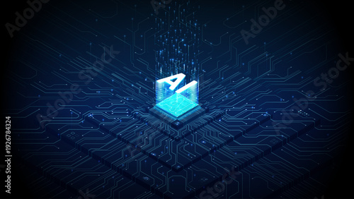 Futuristic artificial intelligence chip on circuit board with glowing neon lines. Isometric 3D AI processor concept, semiconductor technology background, digital data flow vector illustration.