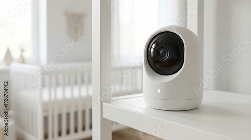 Round white smart security camera monitoring a bright nursery with a crib, home safety concept, baby monitoring, wireless technology.