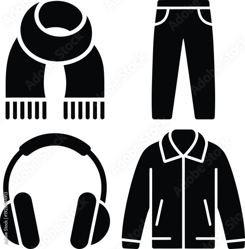 Black and white icons of winter clothing and accessories set