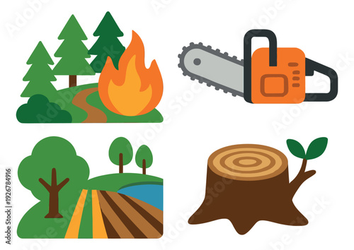 Modern flat design icons set featuring a forest fire, a chainsaw, a tree stump, and a cultivated landscape for environmental and forestry concepts