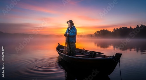 Man standing in a boat on a serene lake at sunrise with calm water and vibrant sky