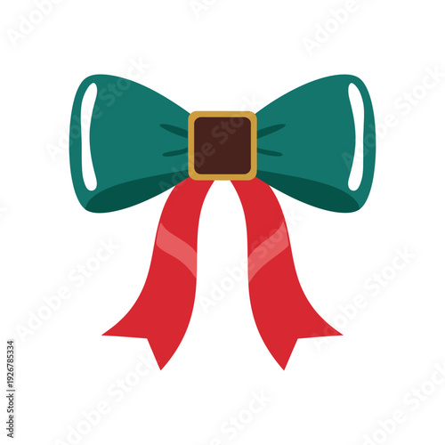 Elegant decorative bow with rich teal ribbon and vibrant red accent tie showcasing a sophisticated gold buckle for festive gift wrapping and holiday presentation designs