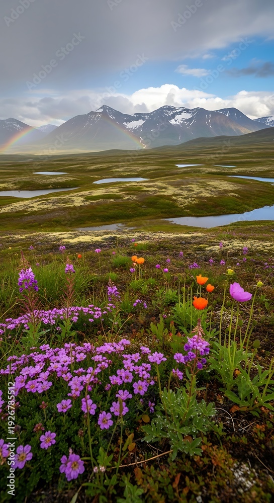 Fototapeta premium Serene Mountain Landscape with Wildflowers and Lakes.