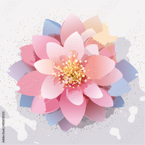 Soft pastel watercolor illustration of a delicate paper-cut style flower with golden accents