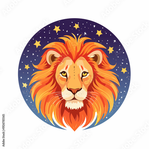 Vibrant vector illustration of a lion's head as the Leo zodiac symbol against a starry night sky