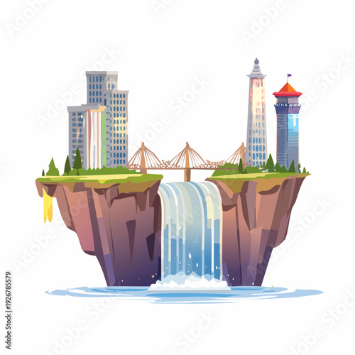 Vibrant illustration of a dreamlike city built on a magical floating island with a majestic waterfall