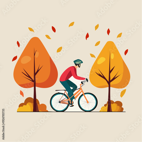 Joyful cyclist enjoying a scenic autumn ride amidst colorful fall foliage and falling leaves on a crisp day
