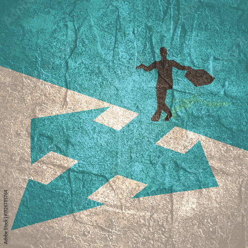 Top view of businessman with briefcase and arrow cross icon. Way choosing metaphor. Step out of comfort zone or safe zone. Personal growth and development.
