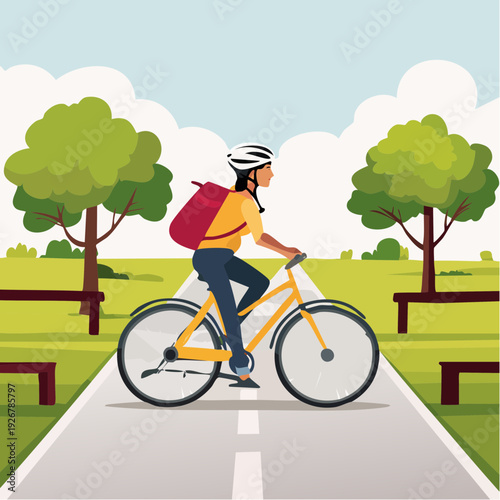 Young woman enjoying a healthy lifestyle, cycling through a serene park on a sunny day