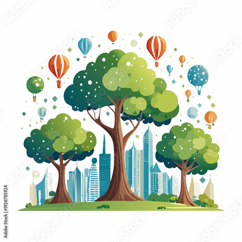 Vibrant cityscape with lush trees and hot air balloons symbolizing growth and freedom