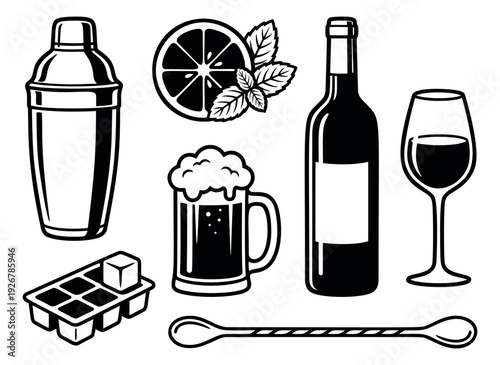 Line art bar items set featuring drinkware, tools, and garnishes for cocktail and beverage designs
