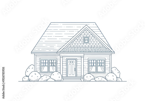 Minimalist Blue Line Art House Illustration – Cozy Suburban Cottage Sketch Design