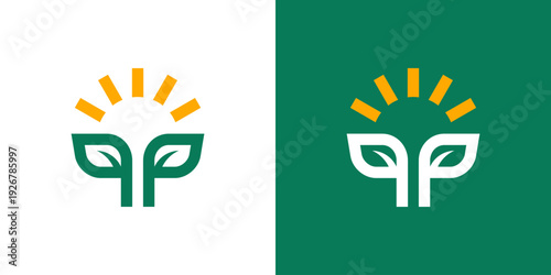 Dual meaning logo combining sun and farm leaf elements, symbolizing natural energy, sustainable agriculture, growth, freshness, and eco-friendly farming innovation.