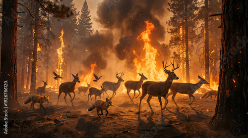 Wild Animals Escaping Forest Fire – Climate Crisis Concept