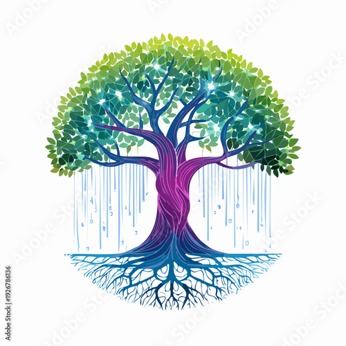 Abstract tree illustration connecting nature's vitality with data flow, embodying sustainable technology and growth