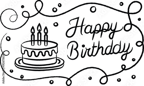 Happy birthday greeting card with cake and candles hand drawn line illustration