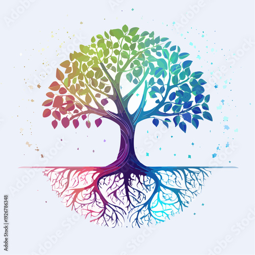 Vibrant Tree of Life with Colorful Leaves and Detailed Roots