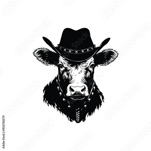 Black and white hand drawn illustration of a cow head with a cowboy hat and studded necklace in retro vintage style vector art