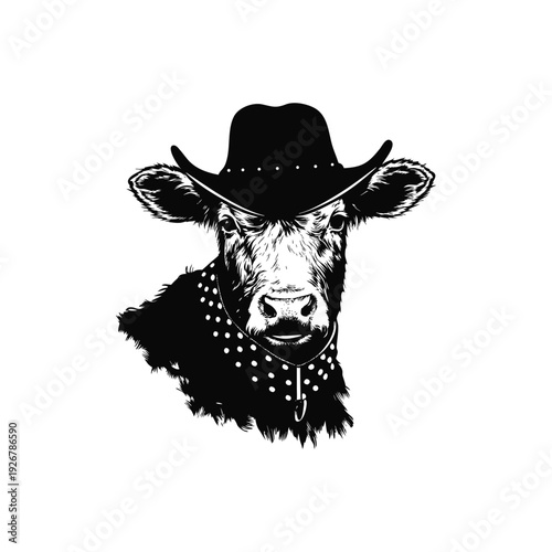 Black and white hand drawn illustration of a cow head with a cowboy hat and studded necklace in retro vintage style vector art