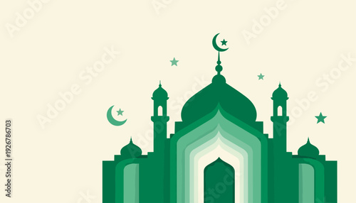Green Mosque Silhouette with Crescent Moon Stars.