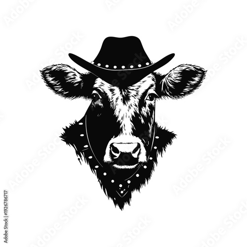 Black and white hand drawn illustration of a cow head with a cowboy hat and studded necklace in retro vintage style vector art