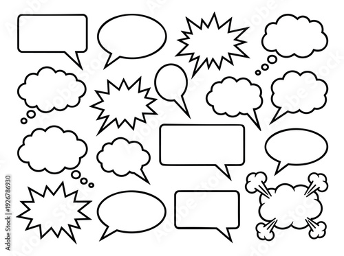 Line art comic speech bubbles set featuring various shapes including thought clouds, starbursts, and explosion elements for communication and graphic design