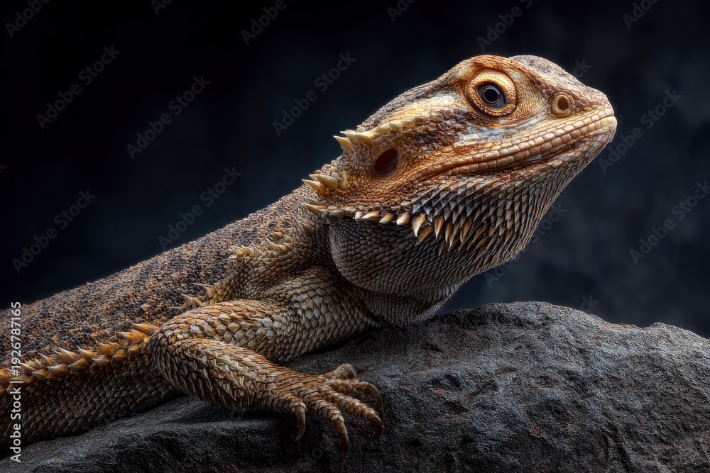 Fototapeta premium A captivating close-up portrait of a fascinating reptile, showcasing its intricate scaly skin and distinctive features. The lizard, with its detailed textured head and spiky appearance, rests calmly o
