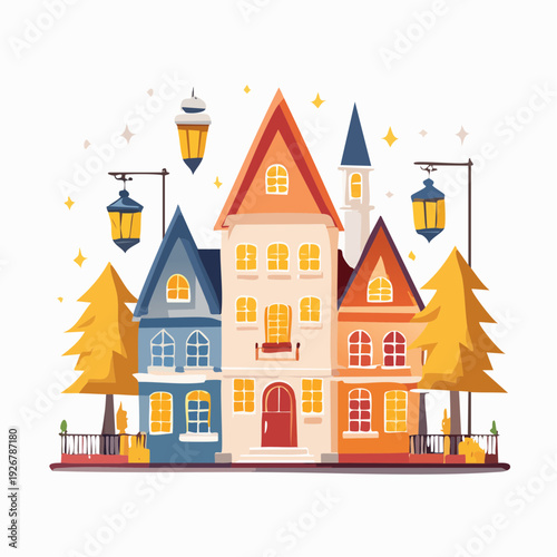 A picturesque old town street with cozy houses and warm glowing streetlights