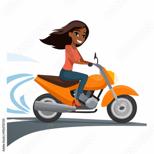 Young African American woman enjoying a scenic ride on her orange motorcycle