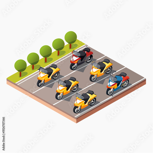 A fleet of colorful scooters and motorcycles parked on an isometric street scene for urban transportation