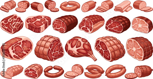 Assorted Raw and Processed Meat Cuts Vector Set Including Beef, Pork, Sausages, Salami, Ham, and Butcher Shop Food Illustrations