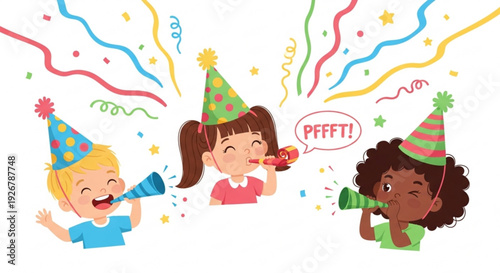Diverse children celebrating birthday party with colorful noisemakers and confetti
