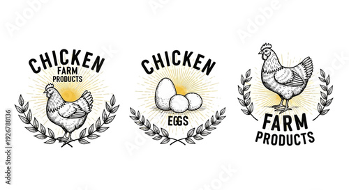 Vintage Chicken and Egg Farm Products Logos Set