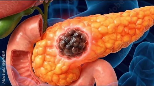 3d rendering of human pancreas with malignant tumor, suitable for medical education, health awareness, scientific research, disease illustration, and anatomy study.