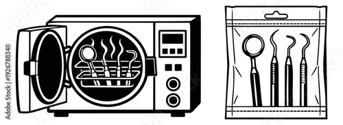 Hand drawn line art dental set featuring an autoclave with sterilizing instruments and a package of new tools for professional dental care