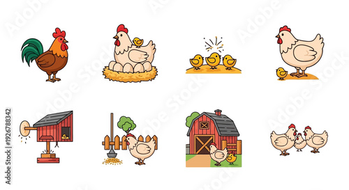 Cute Cartoon Chicken and Farm Animal Icons Set