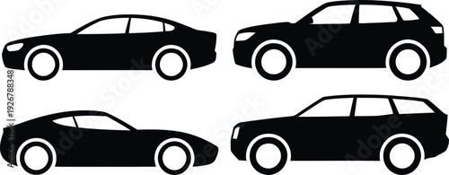 Four distinct types of modern silhouette vehicles depicted in black and white graphics