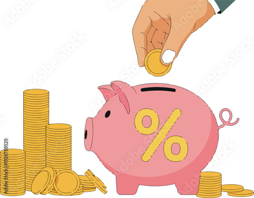 Savings Concept Vector  Hand Depositing Gold Coin into Piggy Bank