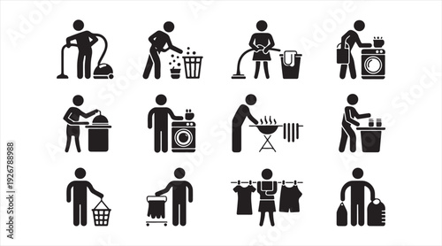 Home chores symbol pack with people performing household tasks isolated on background