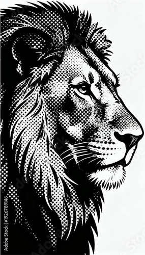 Obraz na płótnie A flat vector black and white illustration of a lion's profile in close-up, using large contrasting dots on a white background