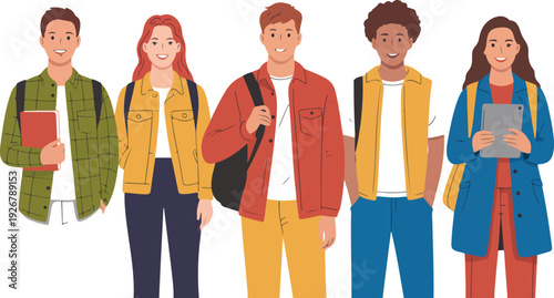 Diverse College Students Standing Together  Higher Education Campus Life Vector
