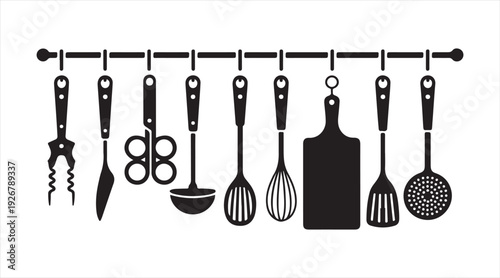 Hanging kitchen tools symbol pack with cooking utensil icons isolated on background