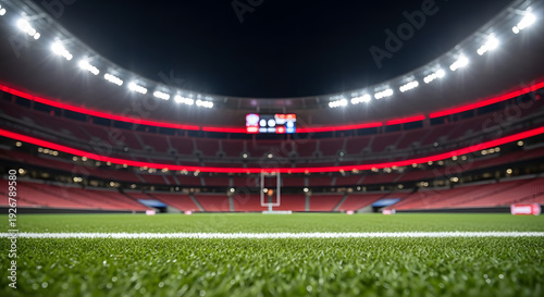 Modern football stadium with red lights at night
