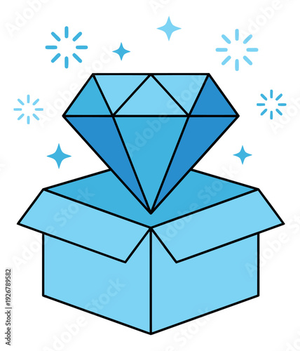 Line art illustration of a diamond emerging from a gift box depicting a valuable surprise for celebration