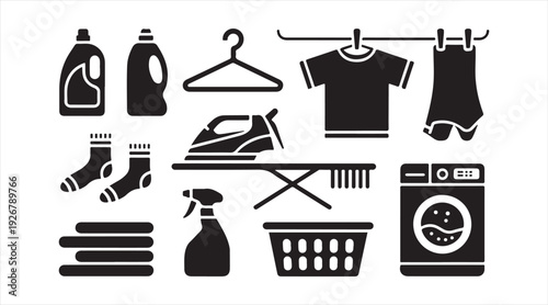 Laundry household icon collection with washing cleaning and ironing symbols