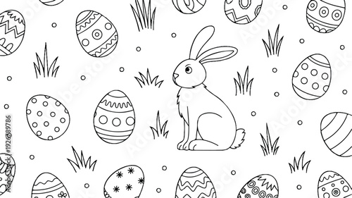 Easter bunny and decorated eggs in grass  spring holiday illustration